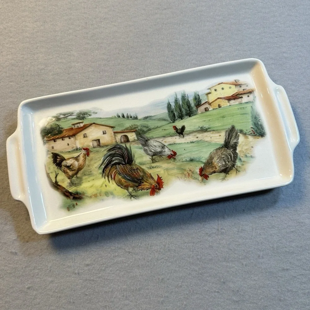 Azzurra Ceramiche Made in Italy Rooster Chicken Tray Cottagecore Tuscany 14 x 7